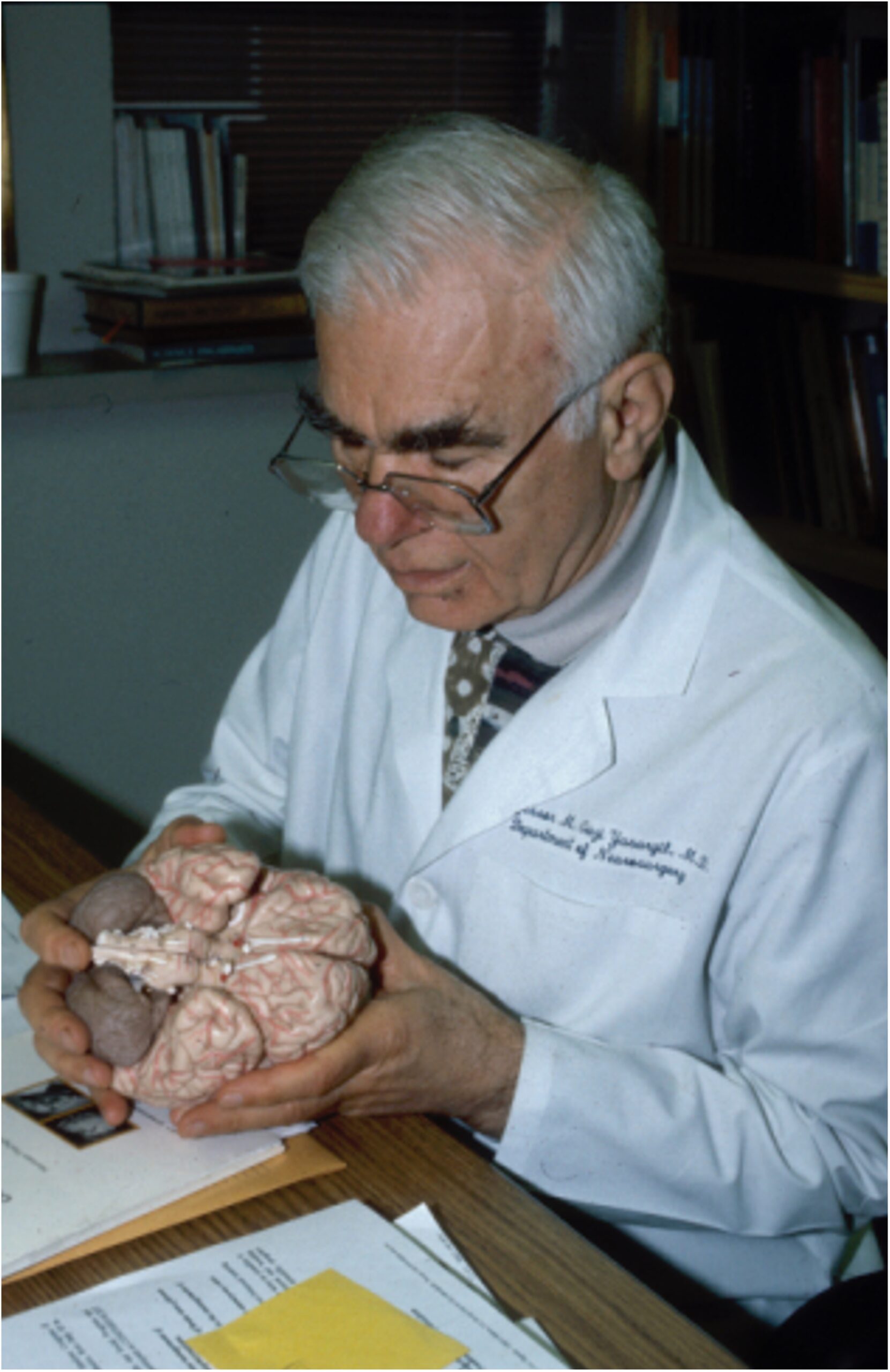 Professor Yasargil with brain model